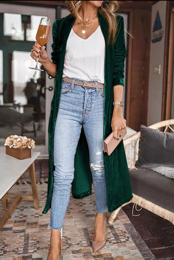 Green Velvet-Like Long Open Front Cardigan