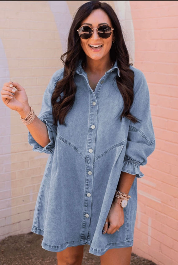 Cinched Sleeve Denim Dress