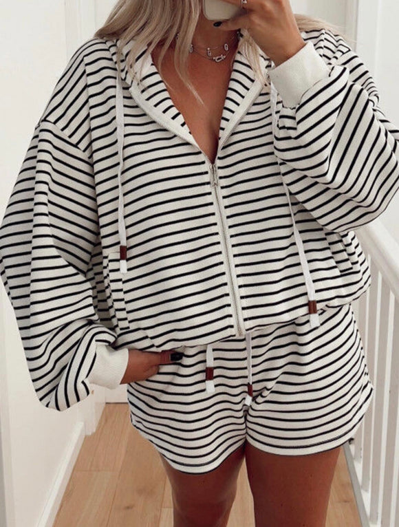 B&W Striped Shorts and Zip Up Set