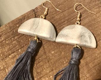 Gray and White Polymer Clay Earrings with Tassels
